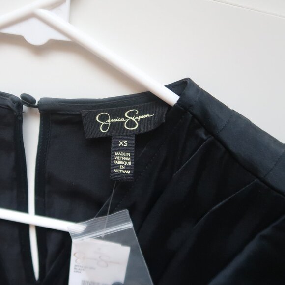 Jessica Simpson Black Satin Flutter Sleeve Jumpsuit Smocked Waist Wide Leg XS - Picture 6 of 11